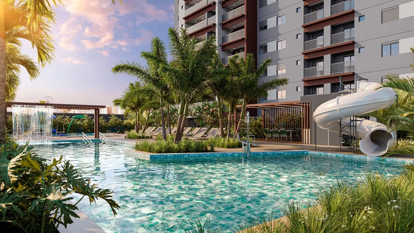 Perspectiva Artística da Piscina Adulto com Cascata e Tobogã — Helbor Clube Patteo São Bernardo
